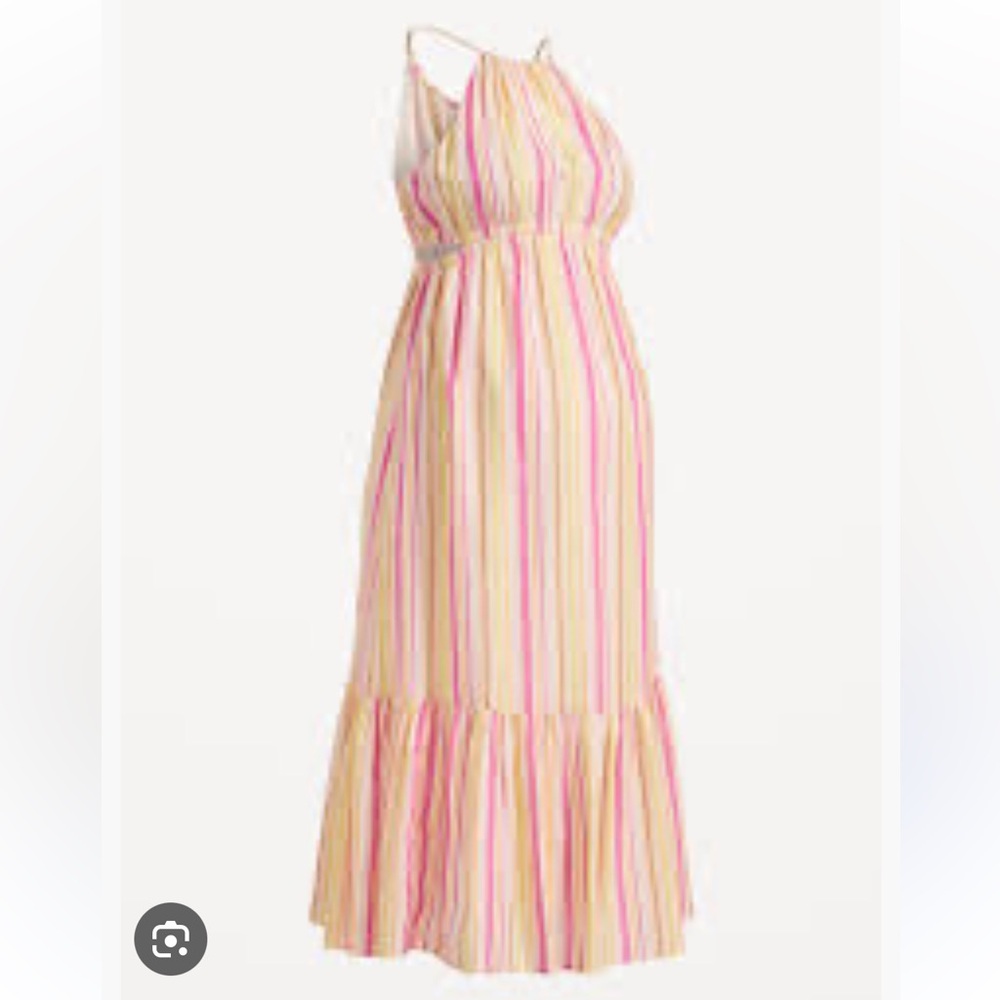 Maternity Waist-Defined Striped Halter Maxi Dress